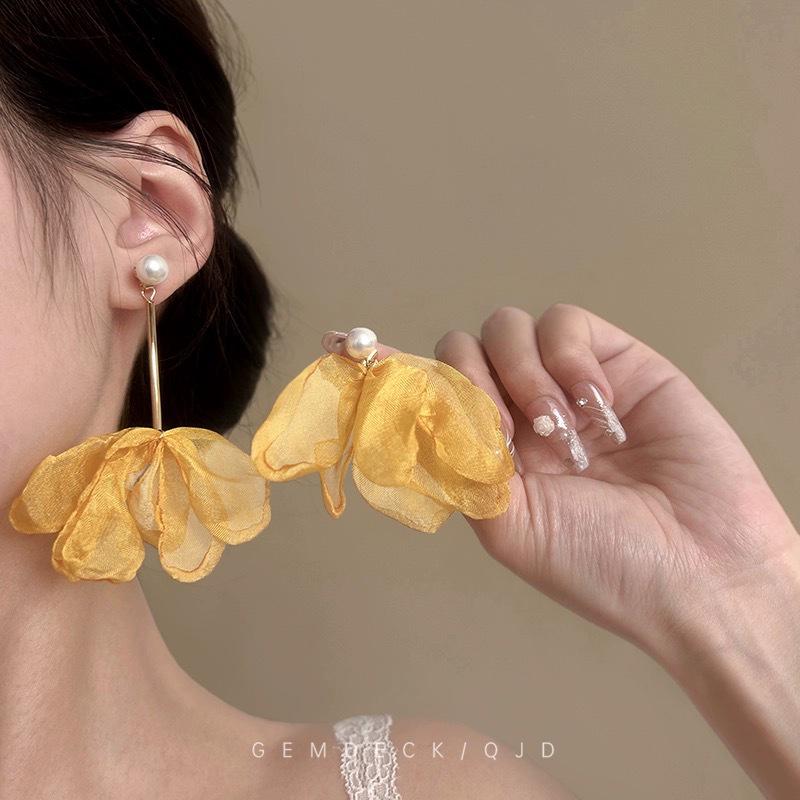 Chiffon Tassel Flower Earrings: Elegant, Fairy-Inspired Design, Long and Face-Flattering for Girls
