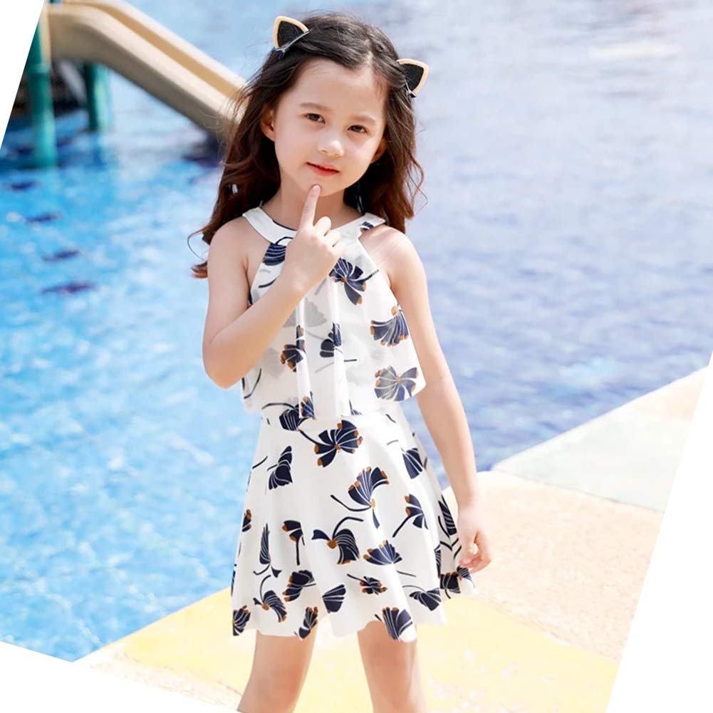 NICEYY School Set with Lace and Sizes Kids' Swimsuit, Girls' Two-Piece Set, High-Neck One-Piece Shorts, Ruffles, 120-160cm (JP, Height, 150cm, White)