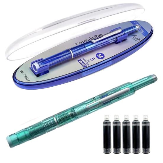 Retractable Fountain Pen Fine Nib Set 0.38mm Black/Blue Ink Transparent Barrel Pen with 5 Refillable Ink Cartridges for Sketching