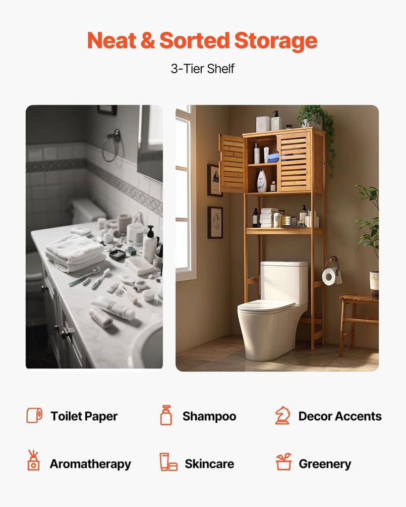 Bamboo Over The Toilet Storage Cabinet with Adjustable Shelf 68.9" H
