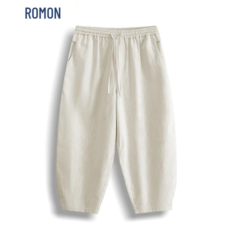 ROMON Men's Chinese Style Linen Blend Harem Cropped Pants