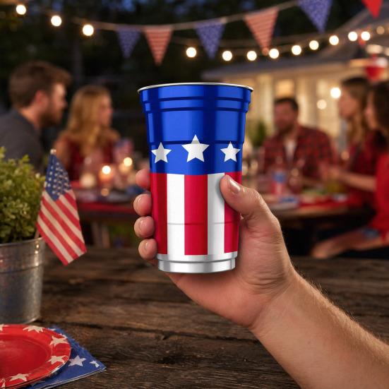Hliníkový pohár k 250. výročí USA, Znovupoužitelný vlastenecký pivní hrnek, Červeno-bílo-modrý párty pohár pro 4. července, Pro kempování, piknik, grilování