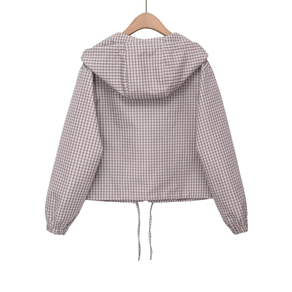 Frühling 2026 neue europäische und amerikanische grenzüberschreitende Damenbekleidung Streetwear karierte Kapuzenjacke w027 1226