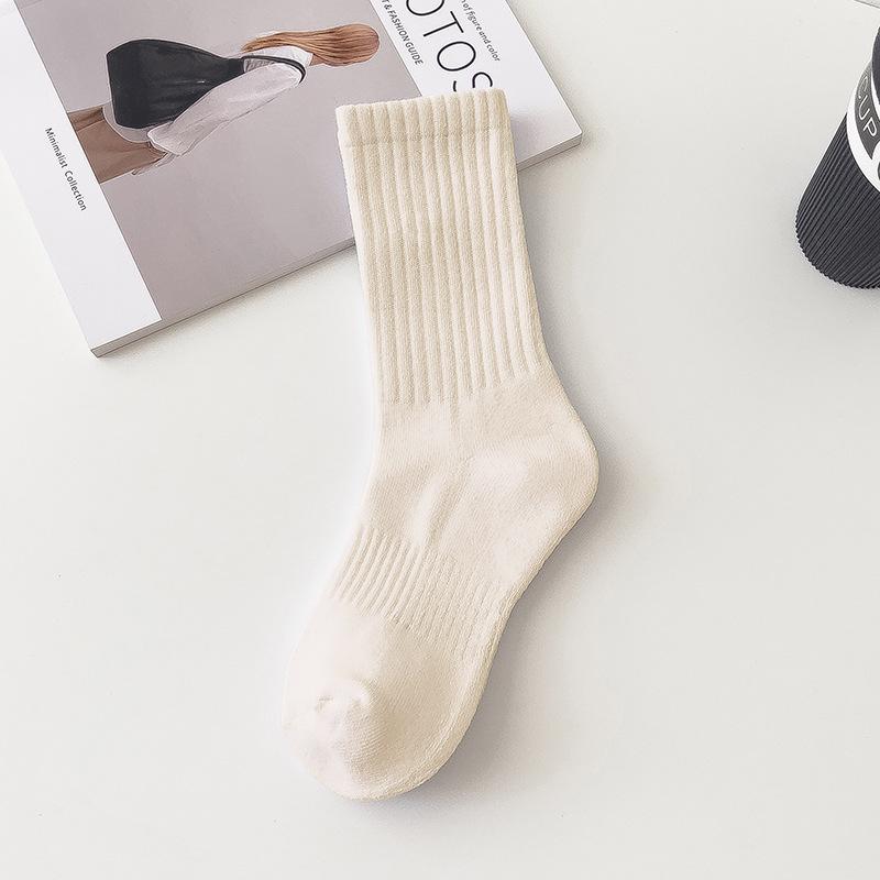 Women's Non-Slip Cotton Mid-Calf Sport Socks - Solid Color, Waist-Hugging, Y2K Style, Breathable Terry Bottom