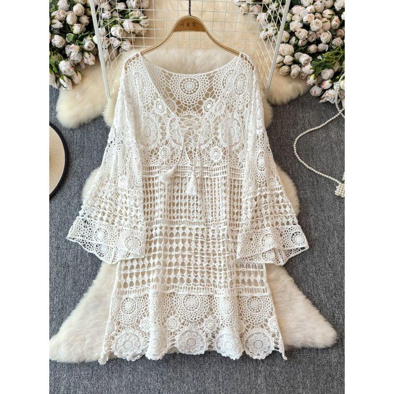 Stylish Cut Out Crocheted Knitting Blouse Dress Women's Summer Plus Size Plus Size Ladies Outdoor Seaside Holiday Midi Dress