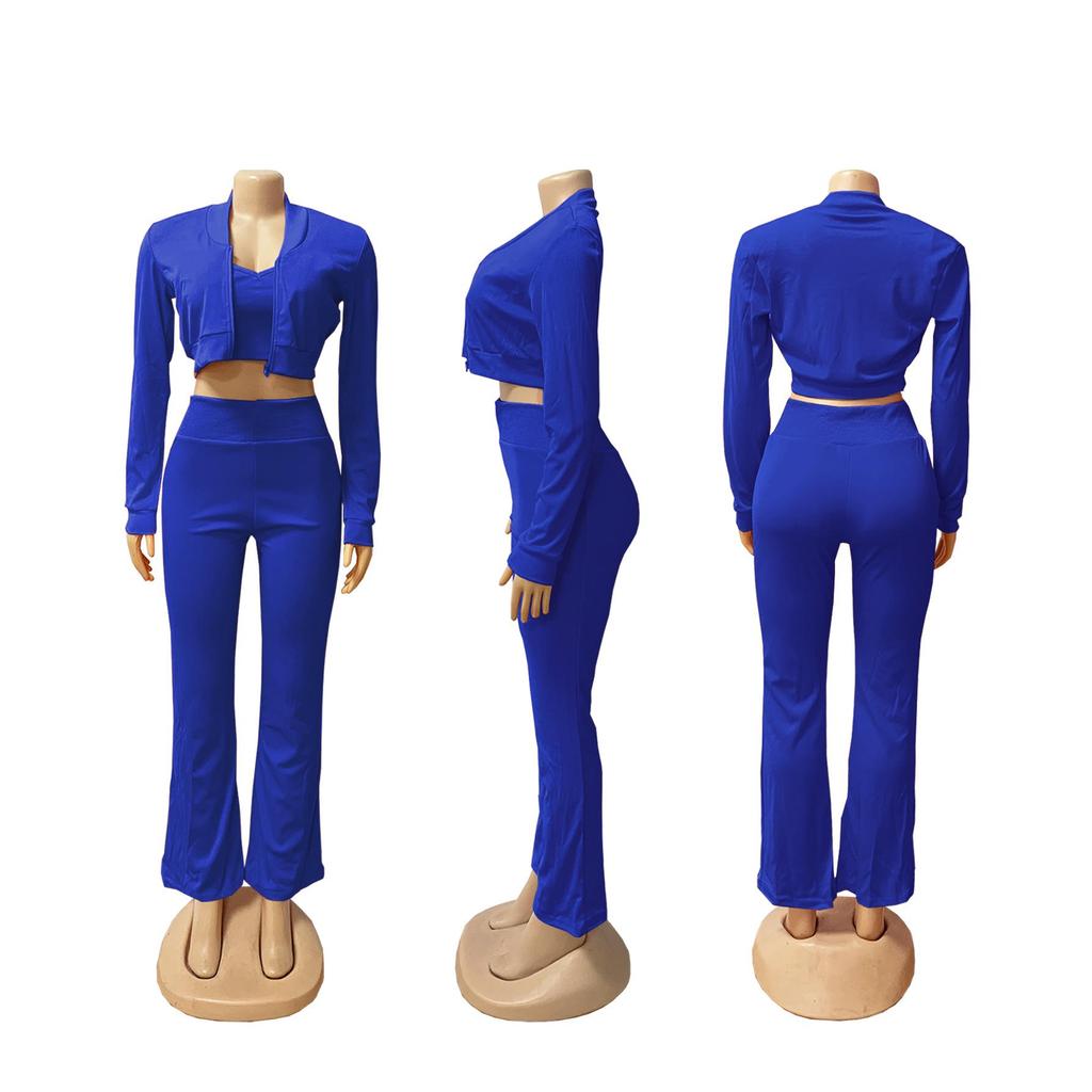 TW492 Stilvolles Dreiteiler-Set für Damen: Einfarbiges Sexy Cropped Lässiger Sportanzug
