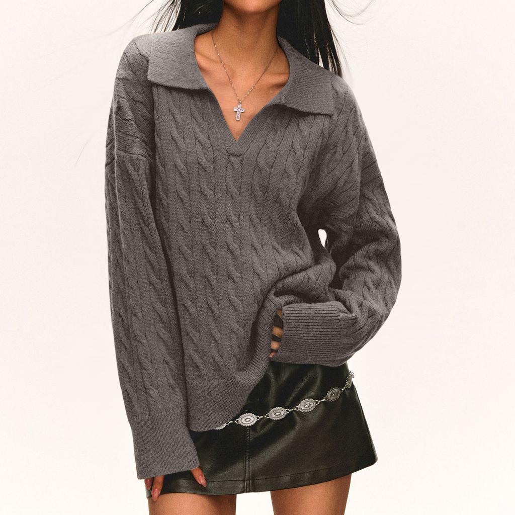 Women's Fashion Casual Loose Lazy Style Cable Lapel  Pullover Long Sleeve Knit Sweater
