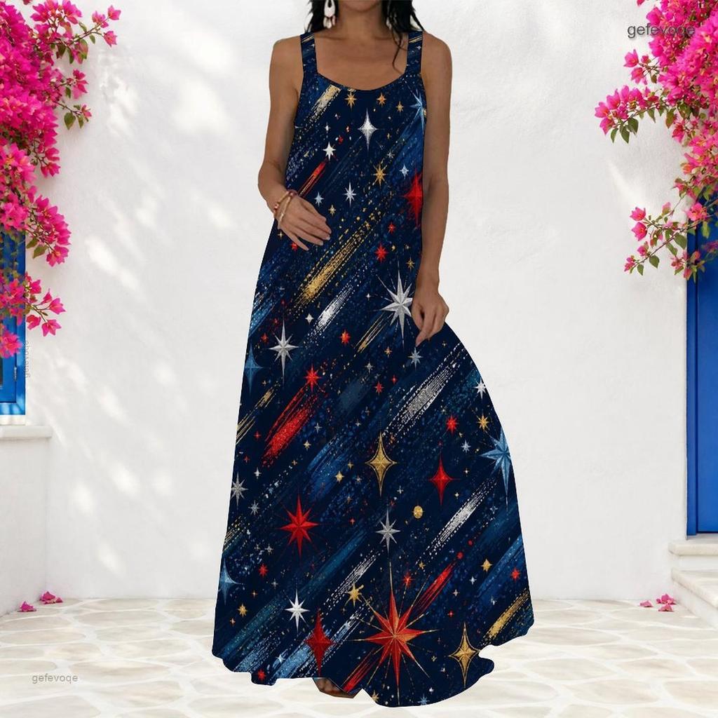 Women Plus Size Scoop Neck Strappy Sleeveless A Line White Red Printed Maxi Dress