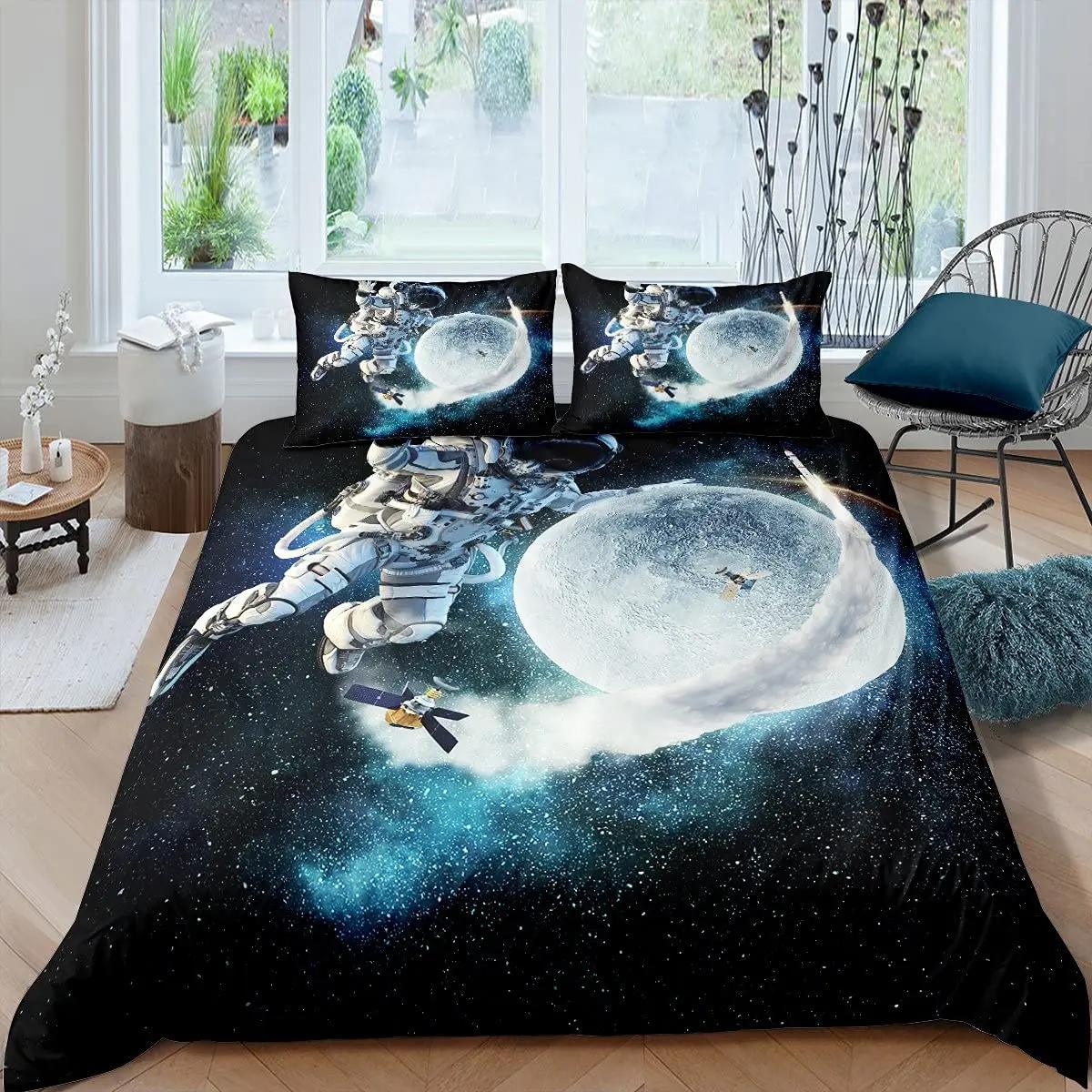 Комплект пододеяльника «Астронавт» Галактика Космос Комплект постельного белья 3D Подростковый Космонавт Космонавт Покрывало Вселенная Планета Пододеяльник EU Single(135*200cm)3pcs
