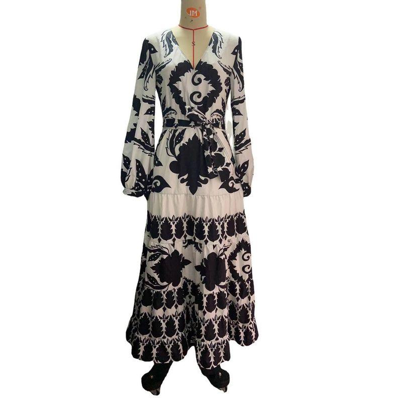 Foreign Trade Beautiful European and American Summer Fashion Elegant Style V-neck Print Pullover Midi Dress With Belt Dress Women 6557