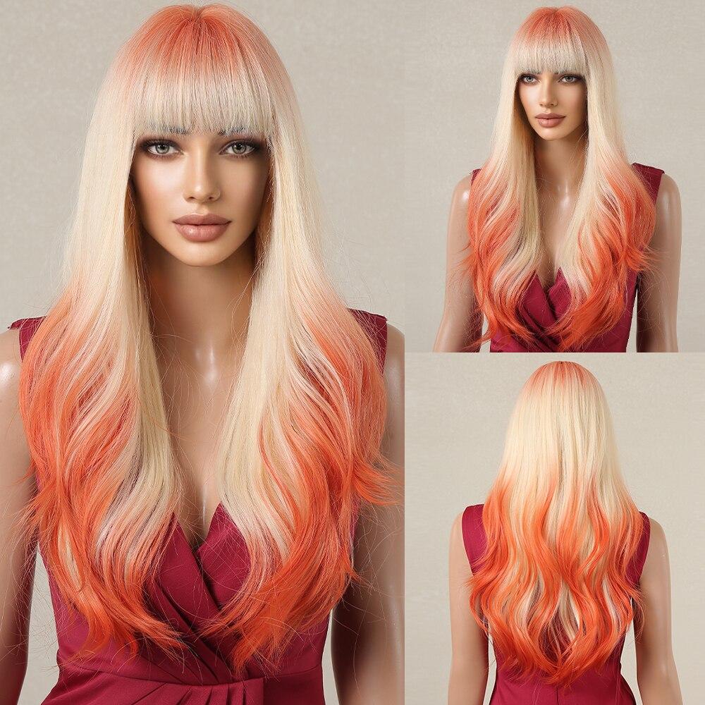 ALAN EATON Brown Highlight Layered Boby Wavy Wig Long Natural Mixed Synthetic Wig Women Daily Hair with Bangs Heat Resistant Wig