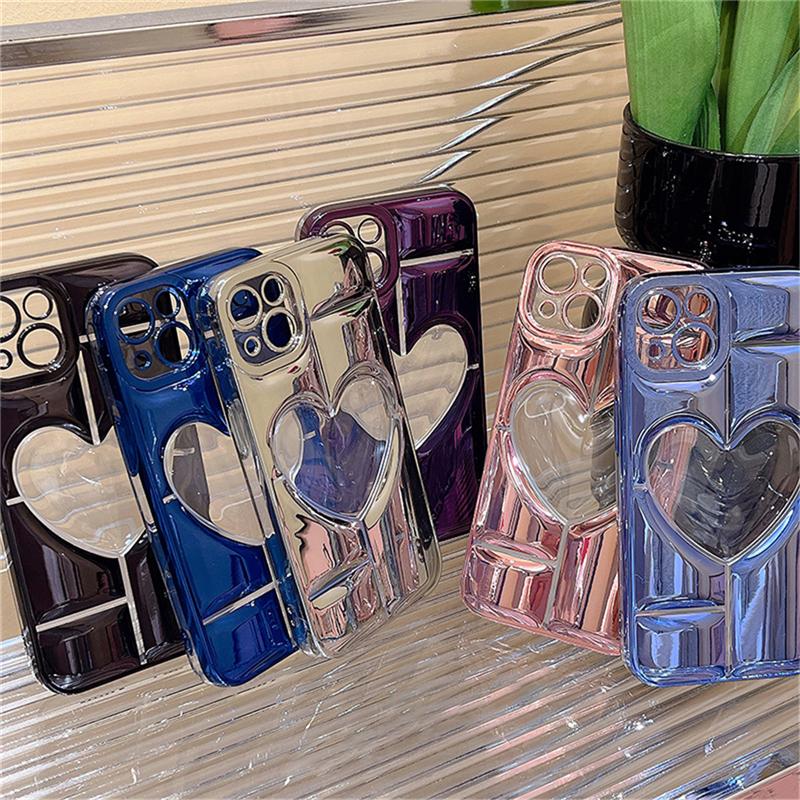 Luxury Love Heart Plating Phone Case For iPhone 14 Plus 15 12 11 13 Pro Max Clear Hollow Display Hole Shockproof Soft Back Cover