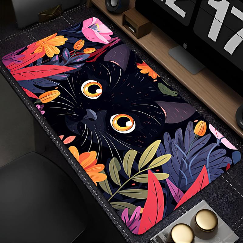 Cute Flowers Black Cat Mouse Pad Computer Anime Mausepad Green Plants XXL Mousepad Kawaii Extended Pad Pc Keyboard Rug Desk Mat
