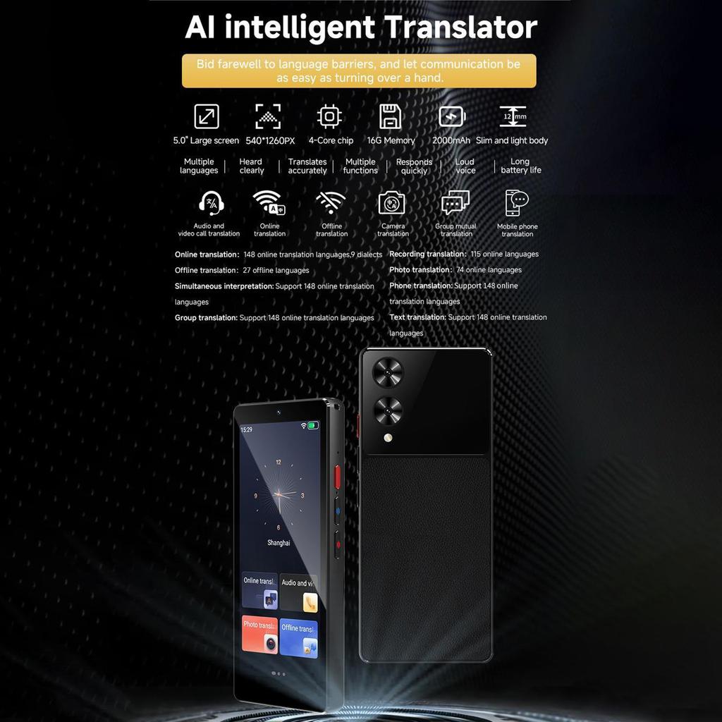 Two-Way Real Time Translator Device 148 Languages Real Time Voice Video Call Translater 5 Inch Touchscreen for Business Travel