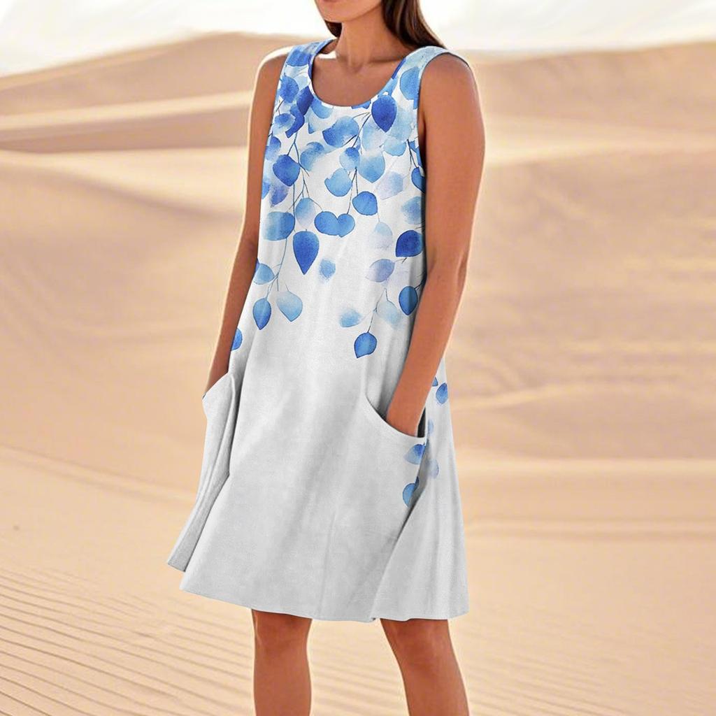 Sommerkleider für Damen, lockerer Strandurlaub, lässig, ärmellos, Sommerkleider mit Taschen, Tankkleid