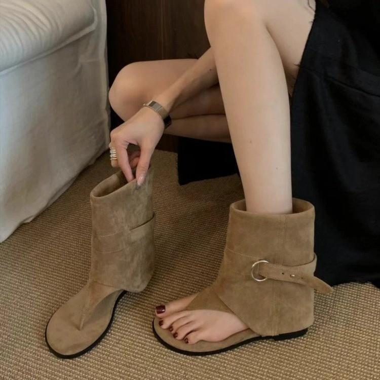 

Inner height increase 6CM cool boots women s summer new small toes retro trousers short boots niche Roman sandals 35 хаки