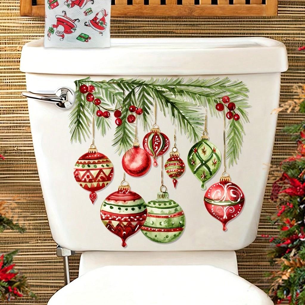 Reusable Christmas Toilet Decoration Sticker, Bathroom Wall Decal, PVC Removable & Decorative Sticker with Colorful Ornaments and Greenery for Wall