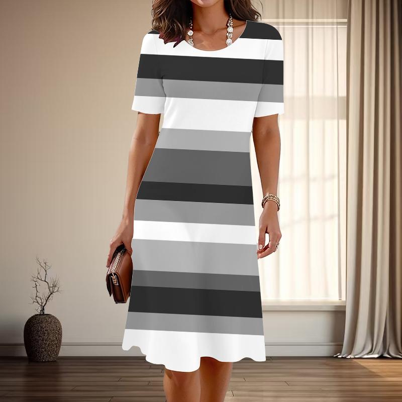 Women's Fashion Graceful Stripe Print Summer Spring Short Sleeve O-Neck Casual Dresses
