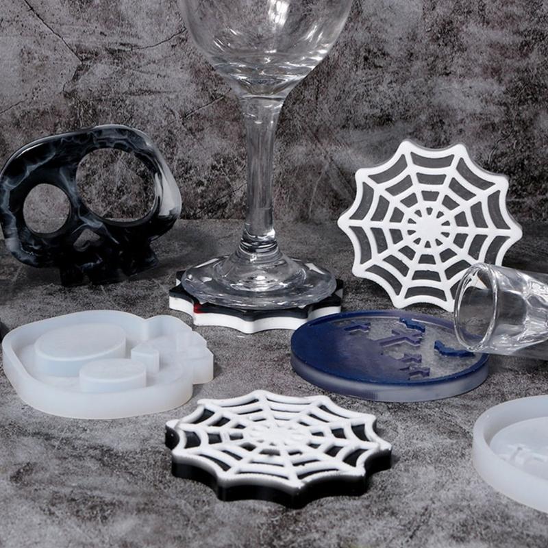 Diy Homemade Mold Coffee Coaster Cobweb Skull Graveyard for Creative Silicone Mold Crystal Placemat Mold for Diy Craft