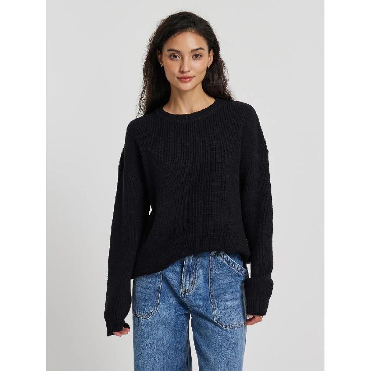 

Винтажный женский свитер 2025 Осень Новый Однотонный О-образный вырез Длинный рукав Универсальный Повседневный Свободный Ленивый стиль Пуловер Свитер Топ L чёрный