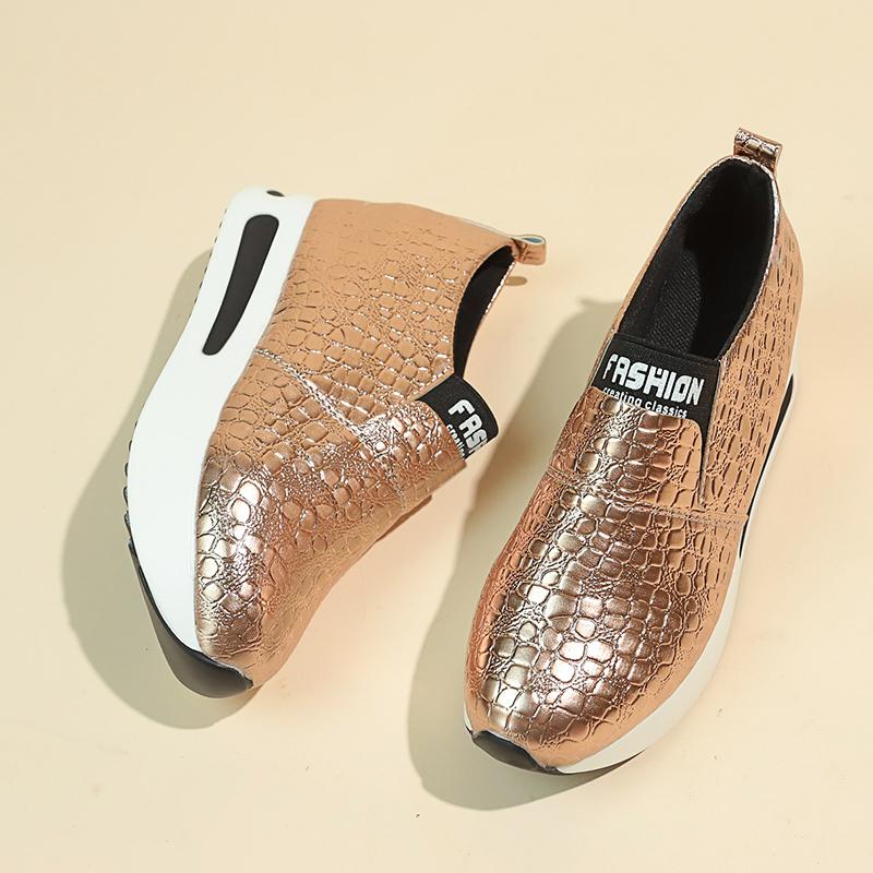 Silver Sneakers Woman Plus Size 42 Slip On Casual Shoes Patent Leather Platform Loafers Shoes for Women  Spring Light Gold