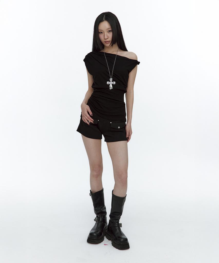 ROUGHNECK Twist Strap Shirring Top Black