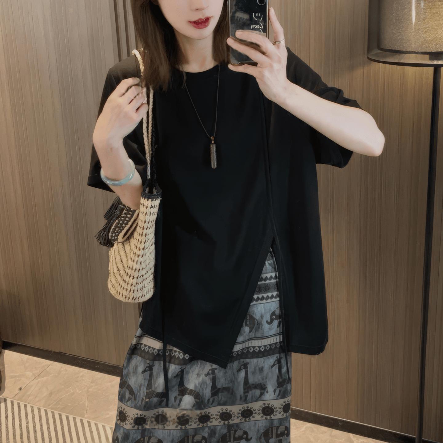 

Chic Slit Hem Tassel Top - Summer 2025 Plus Size Slimming T-Shirt for Women M [42.5-52.5 kg]