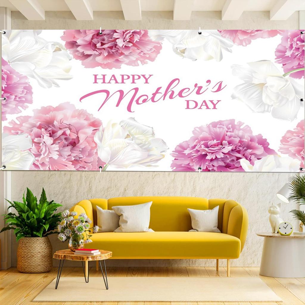 Leowefowa Mother's Day Light Banner 16x7ft Pink Floral Garage Door Decor