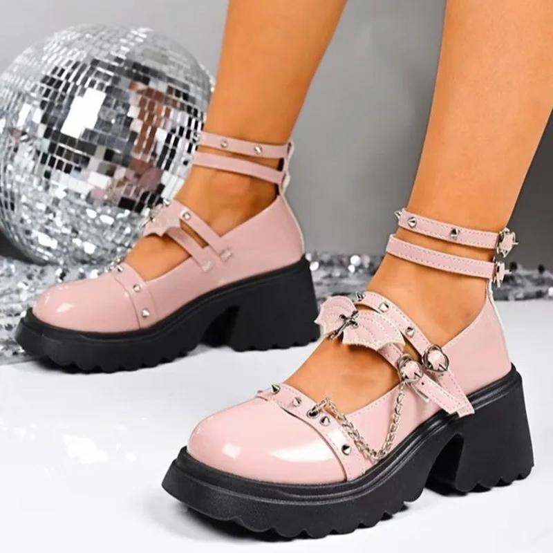 Fashion Pink Lolita Wedges Pumps for Women Rivet Metal Chain Chunky Platform Mary Jane Shoes Ankle Buckle Thick Sole Uniform Shoes