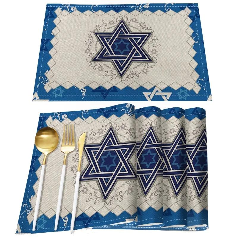 4PCs Jewish Style Linen Placemats for Dining Table Kitchen Accessories Rustic Vintage Washable Table Mats Party Decorations