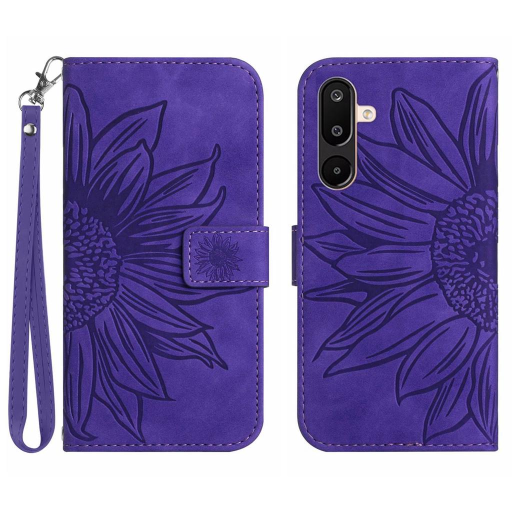 For Samsung Galaxy M36 5G Case Sunflower Imprint Leather Wallet Phone Cover with Wrist Strap
