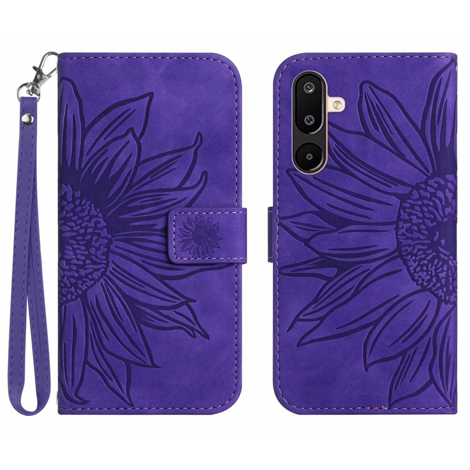

For Samsung Galaxy M36 5G Case Sunflower Imprint Leather Wallet Phone Cover with Wrist Strap Dark Purple
