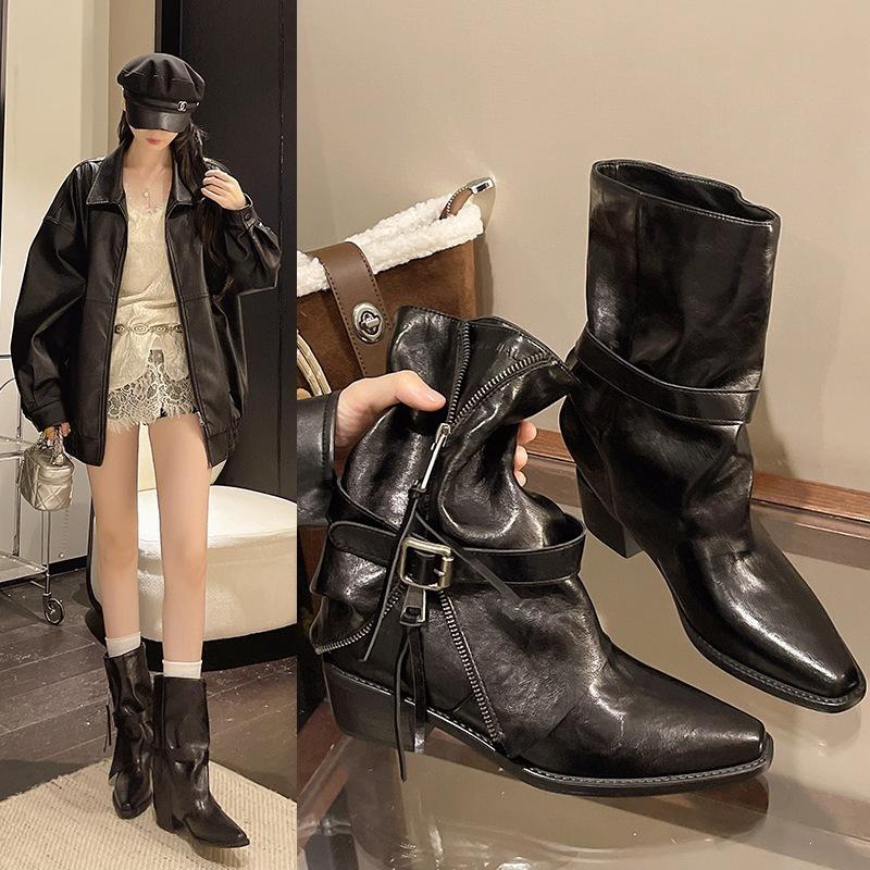 Medium boots thick heel thin trousers autumn British style short boots women's big tube circumference belt buckle pointed head high heel no