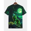 Men's Green Wolf 3D Printed T-Shirt Casual Short Sleeve Crewneck Top Cool Glowing Moon Animal Graphic Tee Trendy Streetwear Summer Fashion Clothes