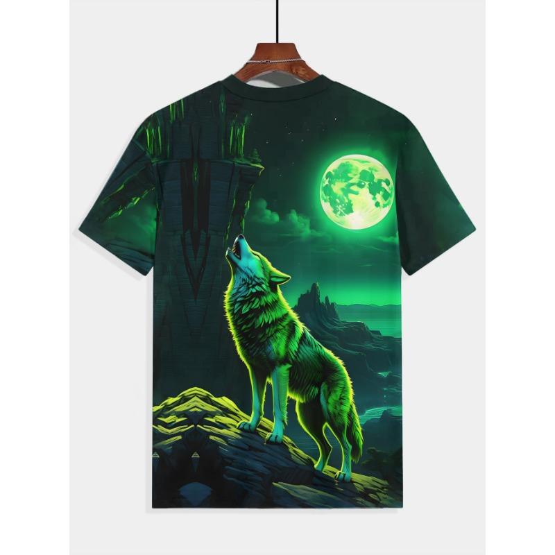 Men's Green Wolf 3D Printed T-Shirt Casual Short Sleeve Crewneck Top Cool Glowing Moon Animal Graphic Tee Trendy Streetwear Summer Fashion Clothes