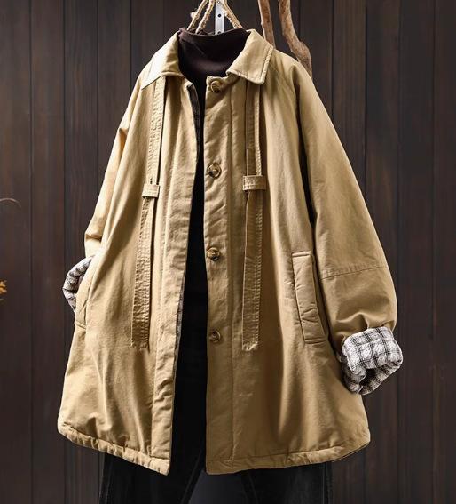 

Johnature Отложной воротник Свободный повседневный Однотонное пальто Женское Зима Ретро Длинные рукава Винтажное пальто в китайском стиле One Size хаки