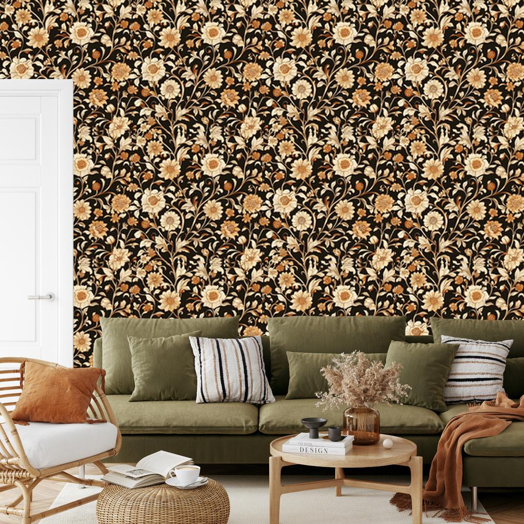 Flowers and Leaves Wallpaper Ochre, Gold and Brown for Living Room and Bedroom 50x1000