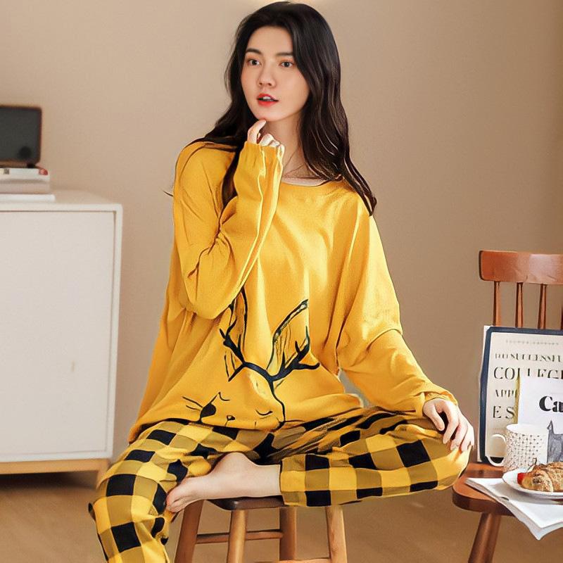Women 2PCS Set Pajamas Girl Long Sleeve Tops Pants Printed Pyjama Femme Cute Home Ladies Sleepwear
