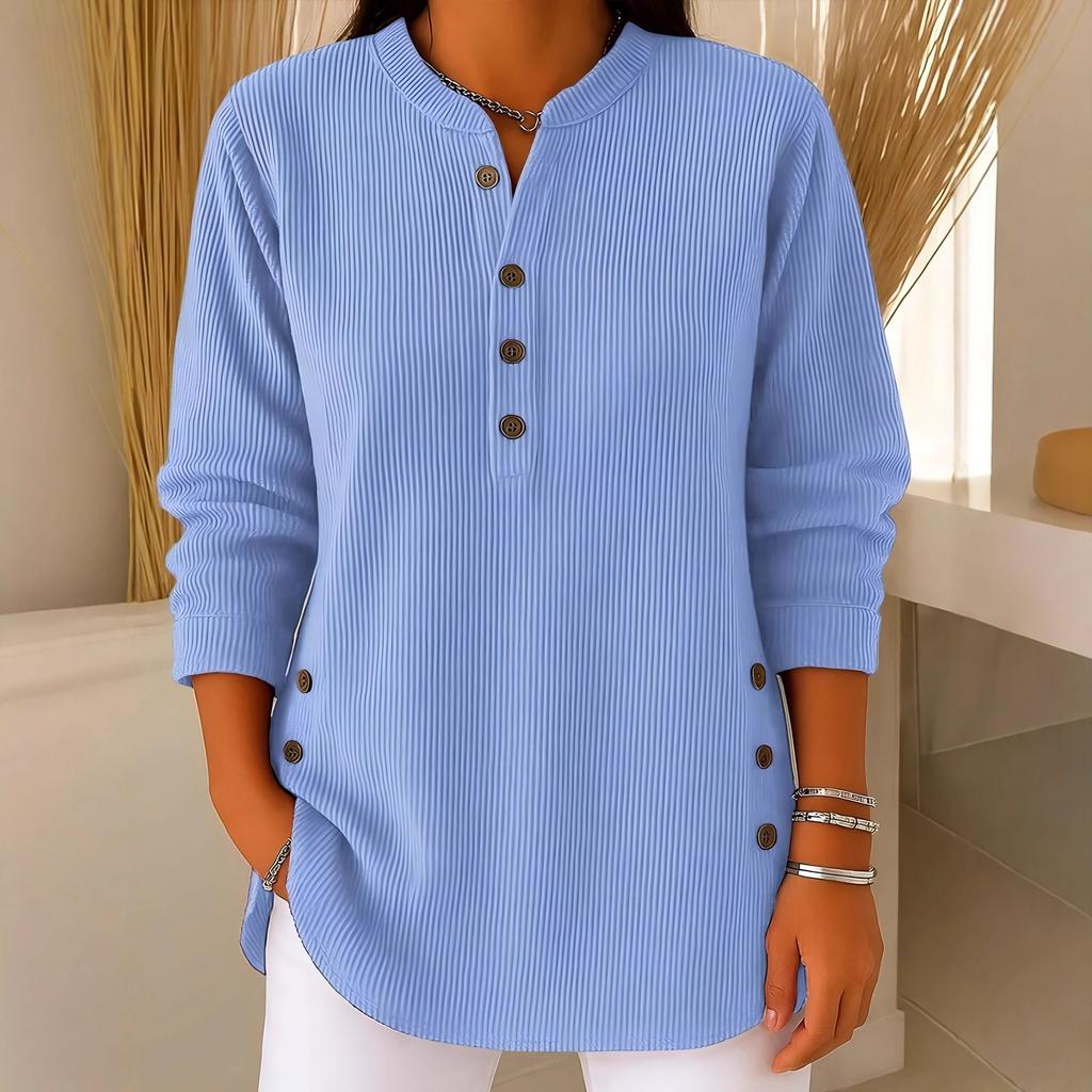 2025 New Corduroy Solid Color Loose Casual V-Neck Button Long Sleeve Women's Top T-Shirt