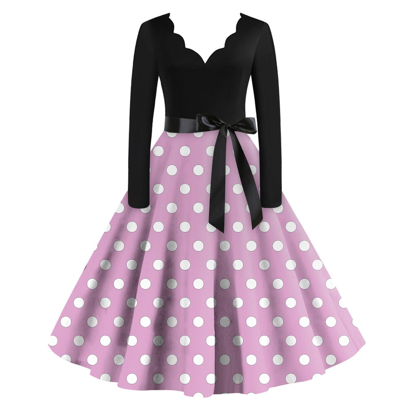 

Жіноча повсякденна модна ретро-сукня з V-подібним вирізом і довгими рукавами в горошок M рожевий