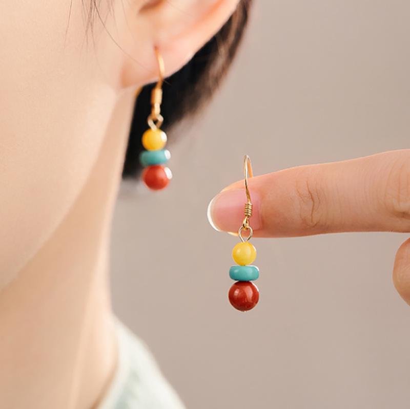 Boucles d'oreilles pendantes en argent style chinois avec agate rouge, turquoise et ambre pour femmes