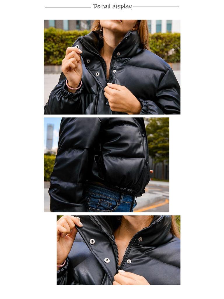Women's Autumn/Winter Stand-up Collar Short Cotton-padded Leather Jacket - European & American Style