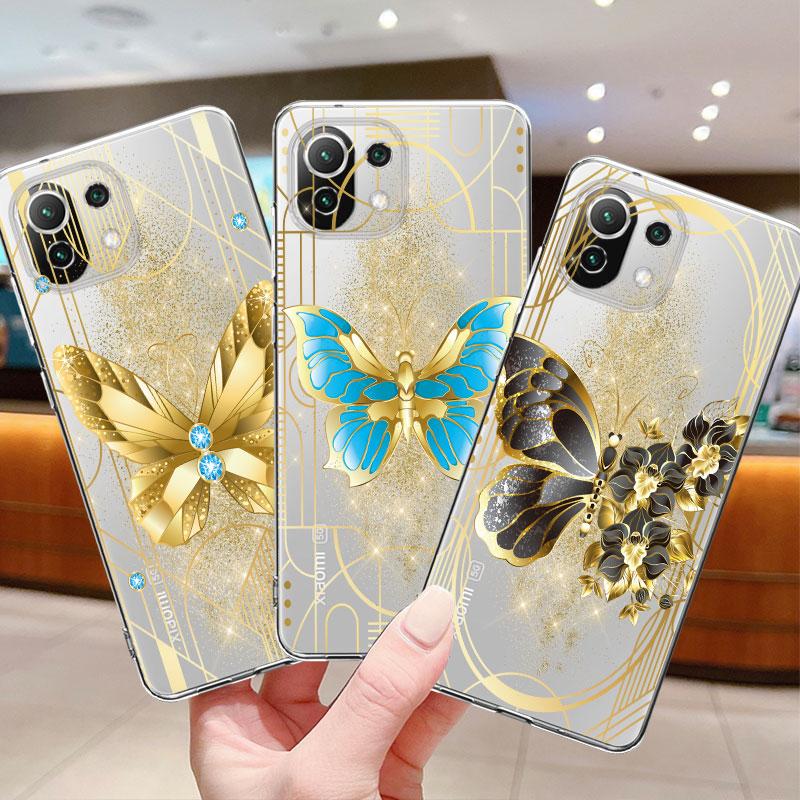 Gold Butterfly Flower Floral Clear Case For Xiaomi Poco X3 Nfc X3pro M3 F1 F3 For Mi 11 12 13 11x 12x Pro 11 10 Lite 11t 10t