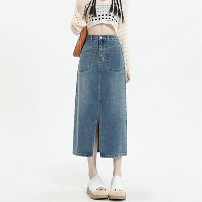 Zarif Tasarım Anlayışı Yırtmaçlı Cepli Kadın Vintage Yüksek Bel Yırtmaçlı Kalça Saran Orta Uzun A-Çizgi Çok Yönlü Rahat Moda Denim Büstiyer Etek