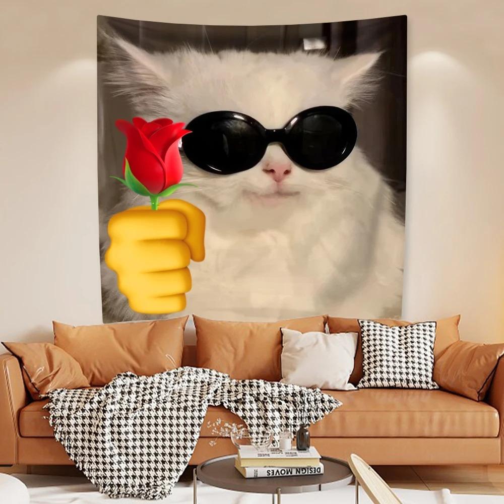 Cute Funny Cat Tapestry Wall Hanging Kawaii Kitten Print Polyester Fabric Backdrop For Bedroom Living Room Dorm Home Decor Multi