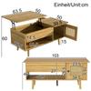 Eleganter Couchtisch mit hochklappbarer Tischplatte und Rattantüren, Holzfarbe mit schwarzen Akzenten, ideal für das Wohnzimmer