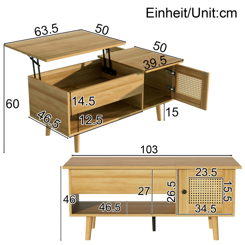 Eleganter Couchtisch mit hochklappbarer Tischplatte und Rattantüren, Holzfarbe mit schwarzen Akzenten, ideal für das Wohnzimmer