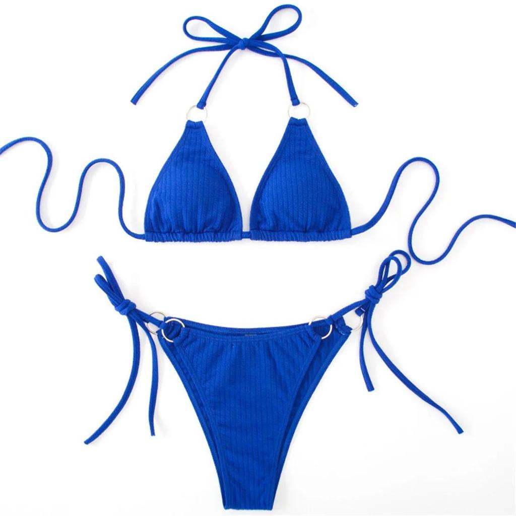 8 Colors Sexy Halter Strappy Ribbed Bikini Women Swimwear Female Swimsuit Two-pieces Bikini set Bather Bathing Suit Swim