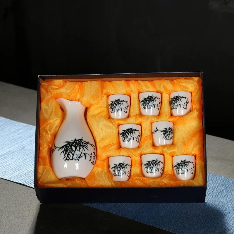 Creative 1 Pot and 8 Cups Ceramic Wine Set Chinese White Wine Glasses and Jugs Vintage Wine Dispenser Gift Box Set