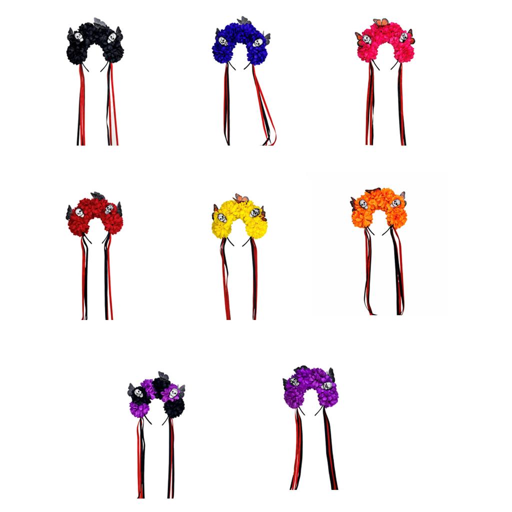 Reusable Practical Plastic Skull Headband And Simulated Floral Decors Costume Headband For Halloween Theme Parties